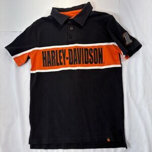 Harley-Davidson Kids Polo Shirt Black Orange Colorblock Logo Size 8/10 1090561